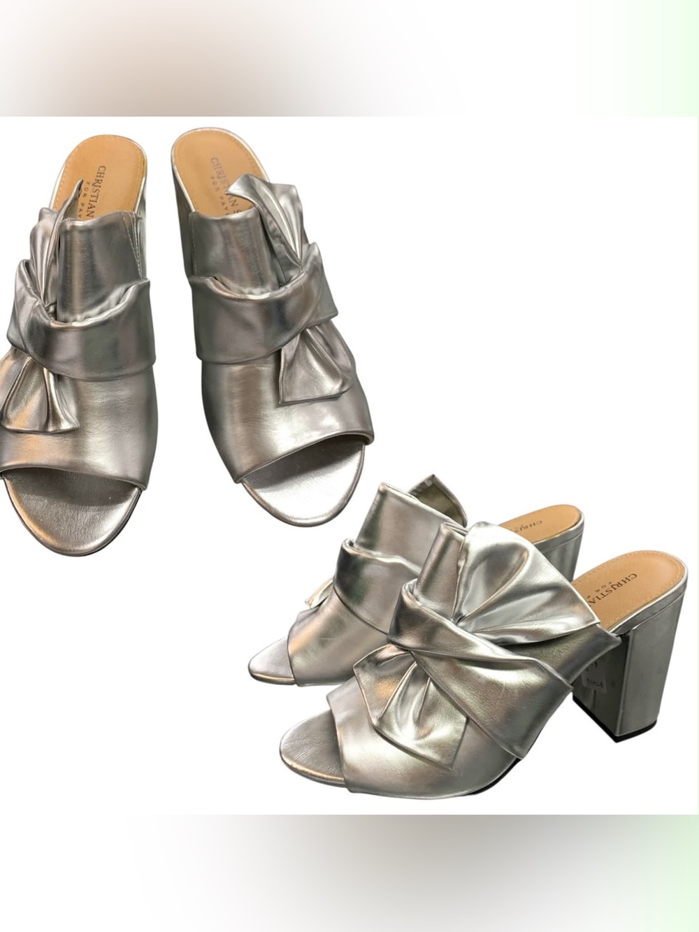 Christian Siriano Metallic Silver Knot-Detail Block Heel Mules S7.5